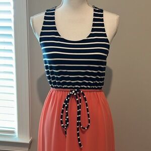 NWT $79 THML Clothing Dress S Small Navy Coral Maxi Beach‎ Sheer Sleeveless Sexy